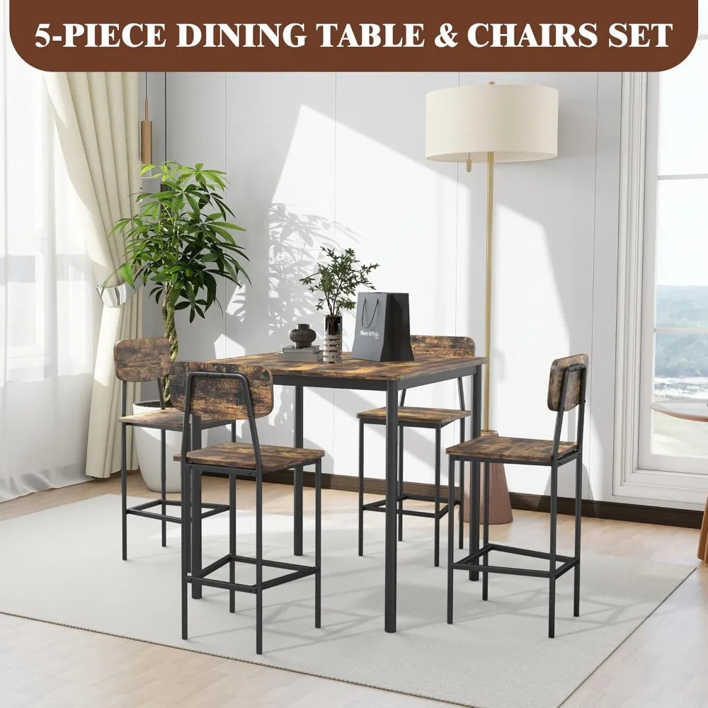 5-Piece Counter Height Dining Table Set with 4 Bar Stools – Space-Saving Square Table and Chairs for Kitchen, Dining Room, Apartment