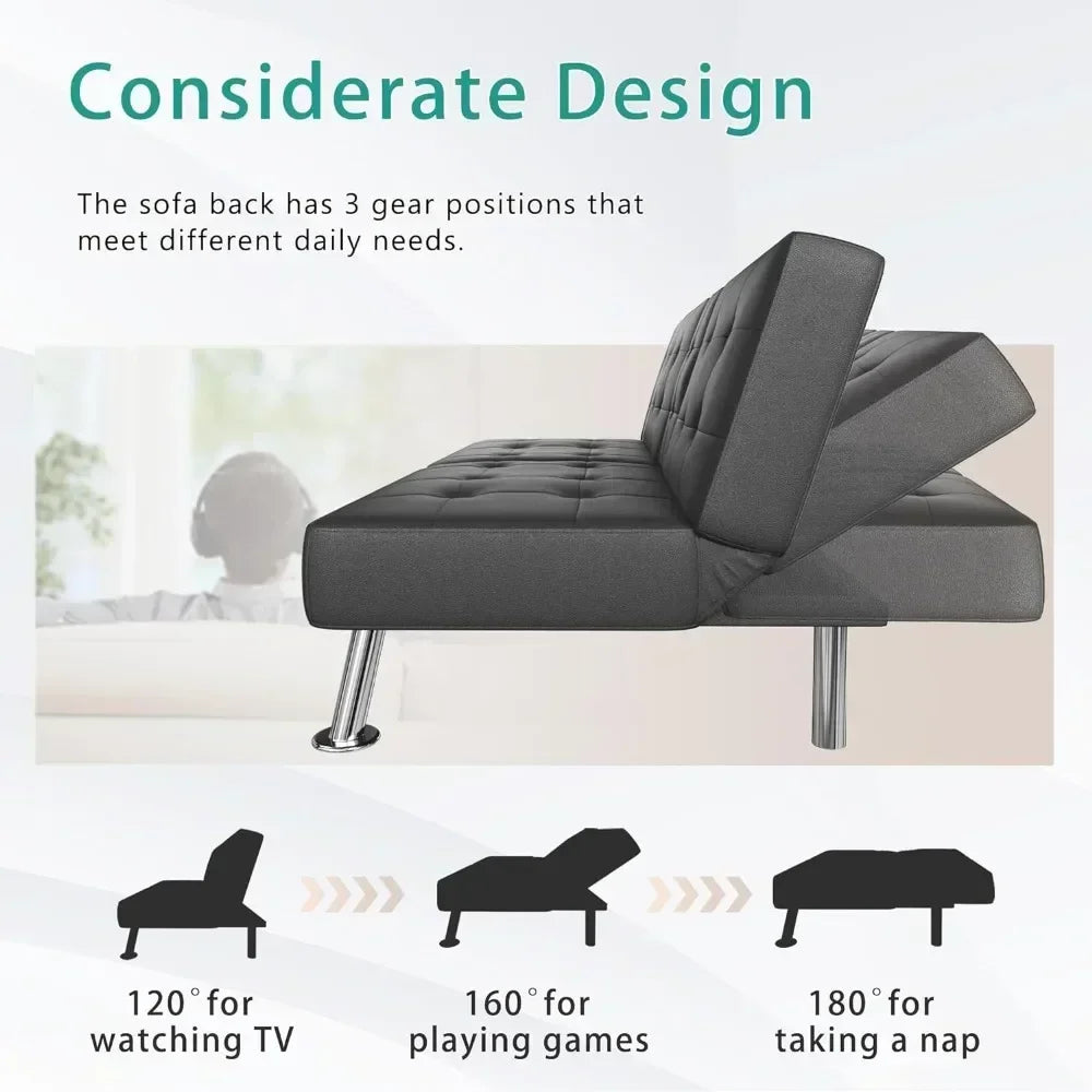 Leather Convertible Folding Recliner with 2 Cup Holders, Removable Armrests