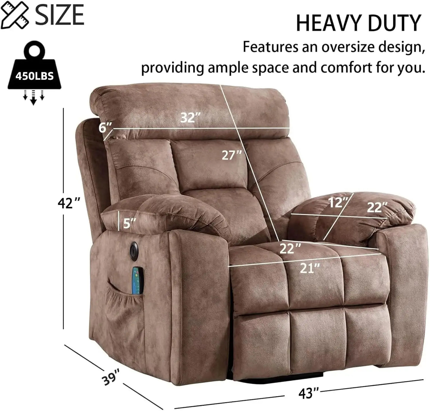 Overstuffed Wide Electric Power Lift Recliners with Massage and Heat, 2 Cup Holders, Side Pocket and USB Port
