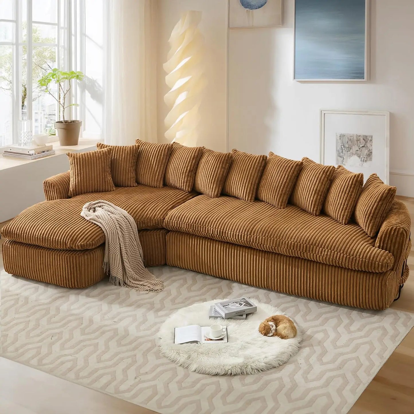 127" Cloud Corduroy Curved Sofa – Modern L-Shaped Sectional Couch for Living Room