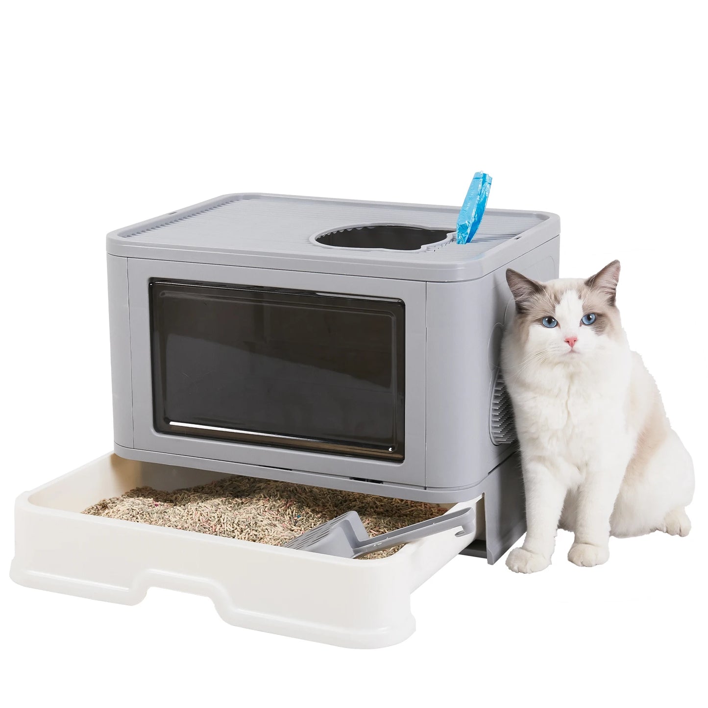 Foldable Enclosed Cat Litter Box – Front Entry & Top Exit with Massager Litter Scoop | Portable, Easy-Clean Kitty Toilet for Indoor Cats