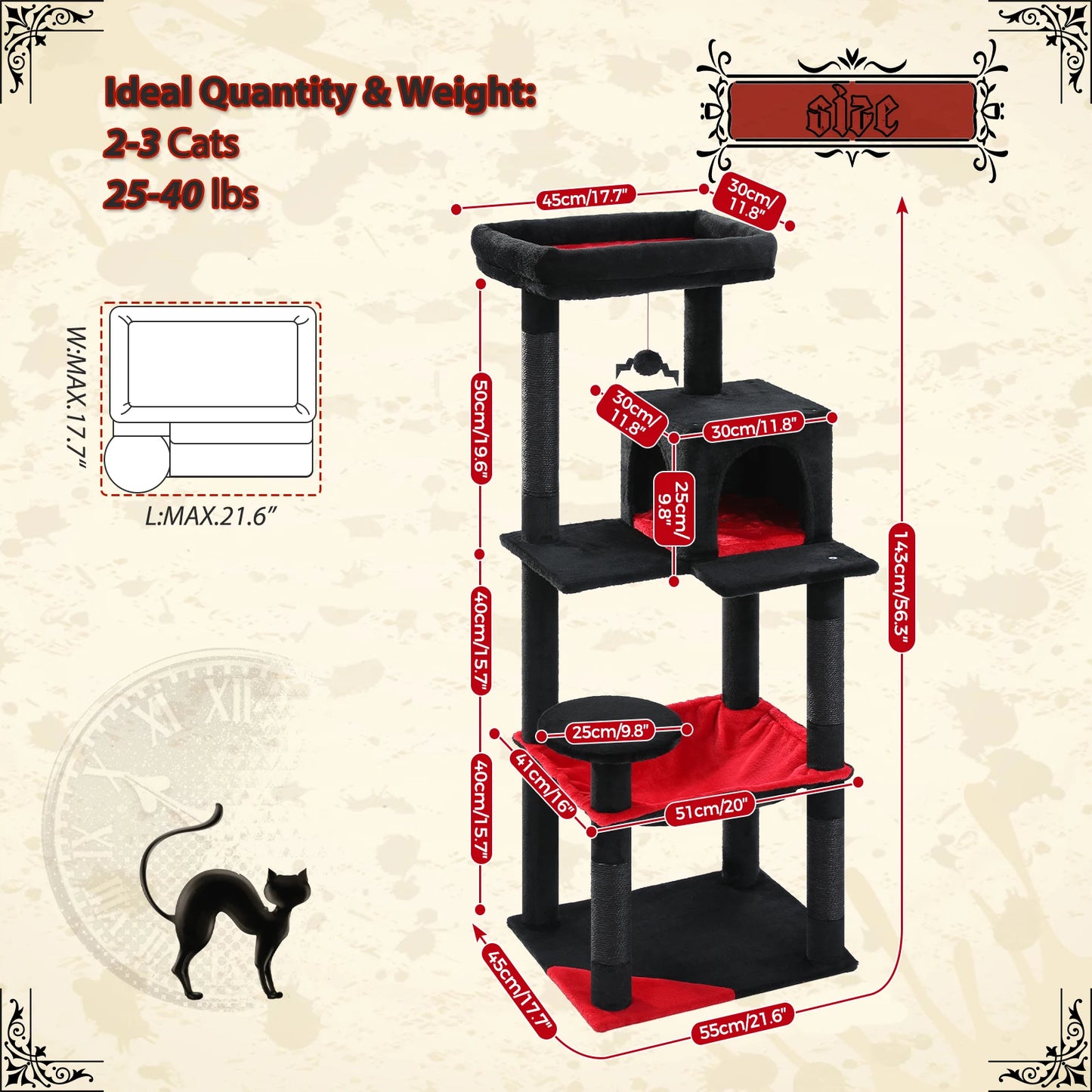 Gothic Elegance Cat Tree Tower – Tall Indoor Cat Condo with Super Large Hammock, Sisal Scratching Posts & Cozy Top Perch