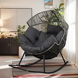 Wicker Egg Rocking Chair with Cushion – Oversized PE Rattan Patio Lounge Chair for Indoor & Outdoor Use, Balcony, Backyard, or Porch