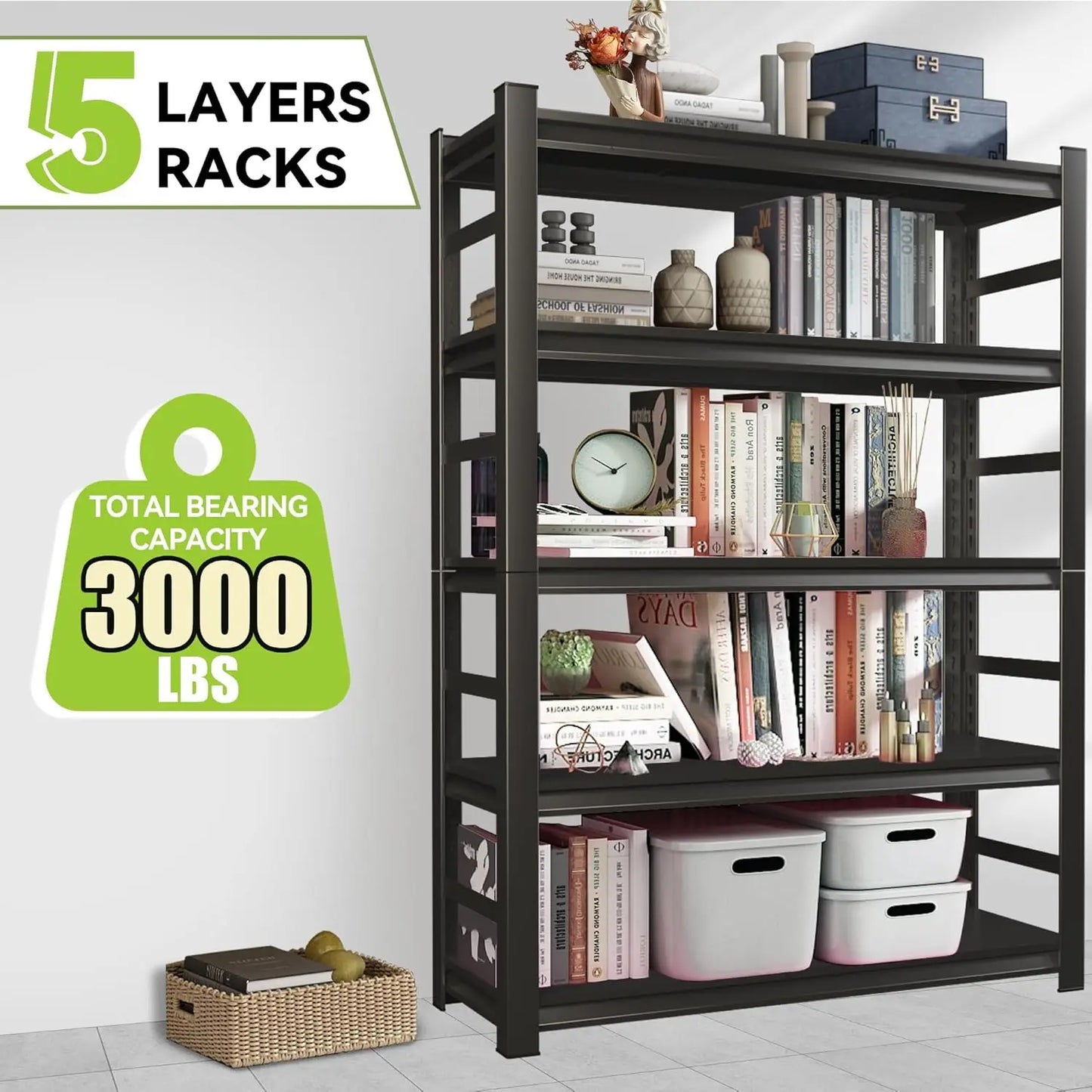 5 Tier Heavy Duty Metal Adjustable Bookshelves