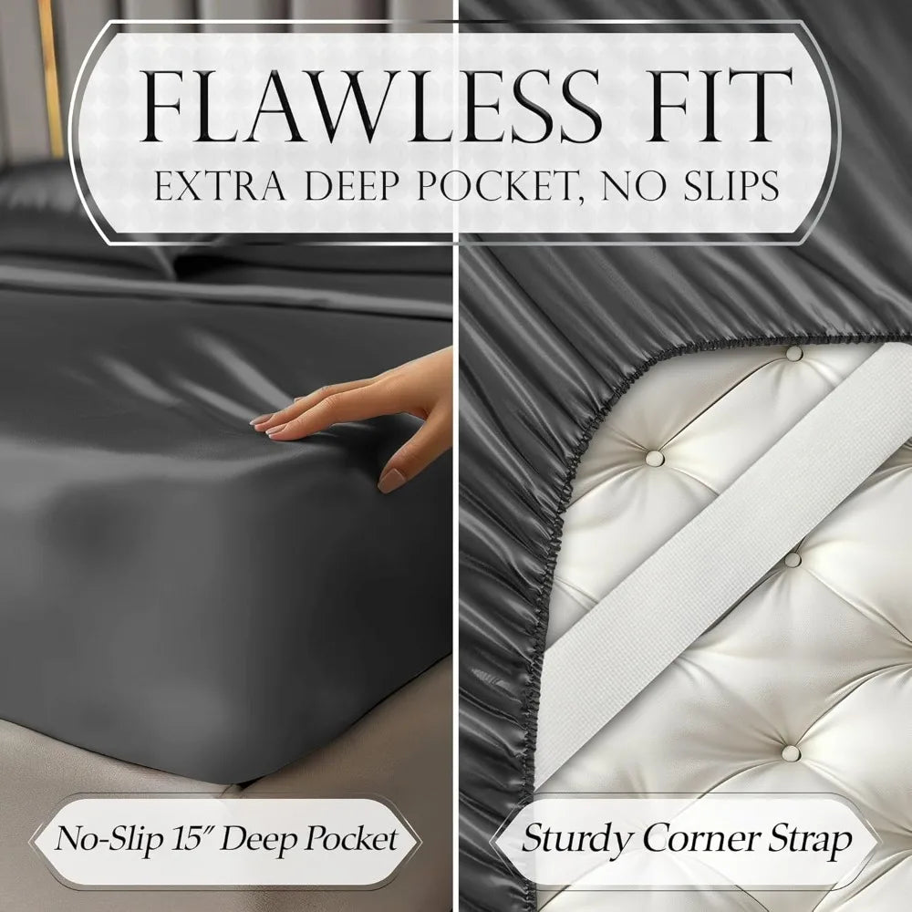 Satin Bed Sheets – 4-Piece Luxury Silky King Size Bedding Set, Softer Than Silk, Wrinkle-Free with 15” Deep Pocket Fitted Sheet
