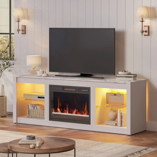 White Marble Electric 7 Color LED Fireplace TV Stand for TVs up to 70",