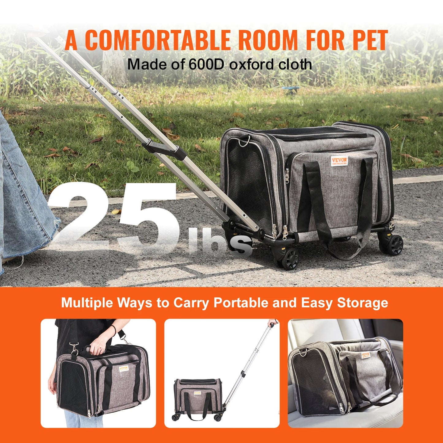 VEVOR Rolling Pet Carrier Backpack – Breathable Cat & Dog Travel Bag with Telescopic Handle, Wheels & Shoulder Straps