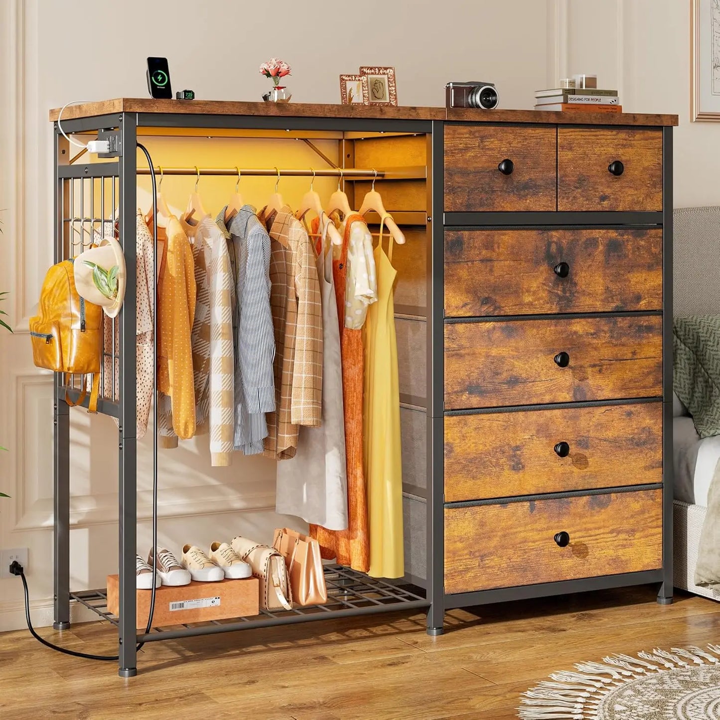 49.2" W White 6 Drawer Dresser for Bedroom with Hanging Rack with LED Lights