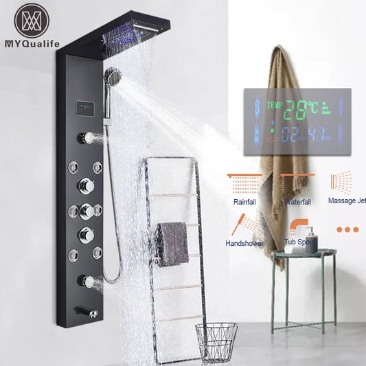 LED Shower Panel Tower System with Waterfall & Rainfall – Digital Display SPA Shower Faucet Set with Massage Jets & Mixer Tap