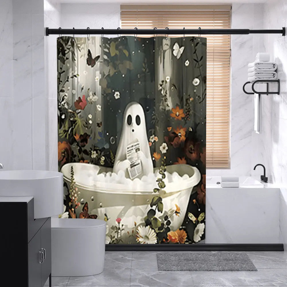 Cute Cartoon Ghost Shower Curtain Set Halloween Bathroom Curtain Polyester Fabric Bathtub Curtain with Hooks for Bathroom Decor
