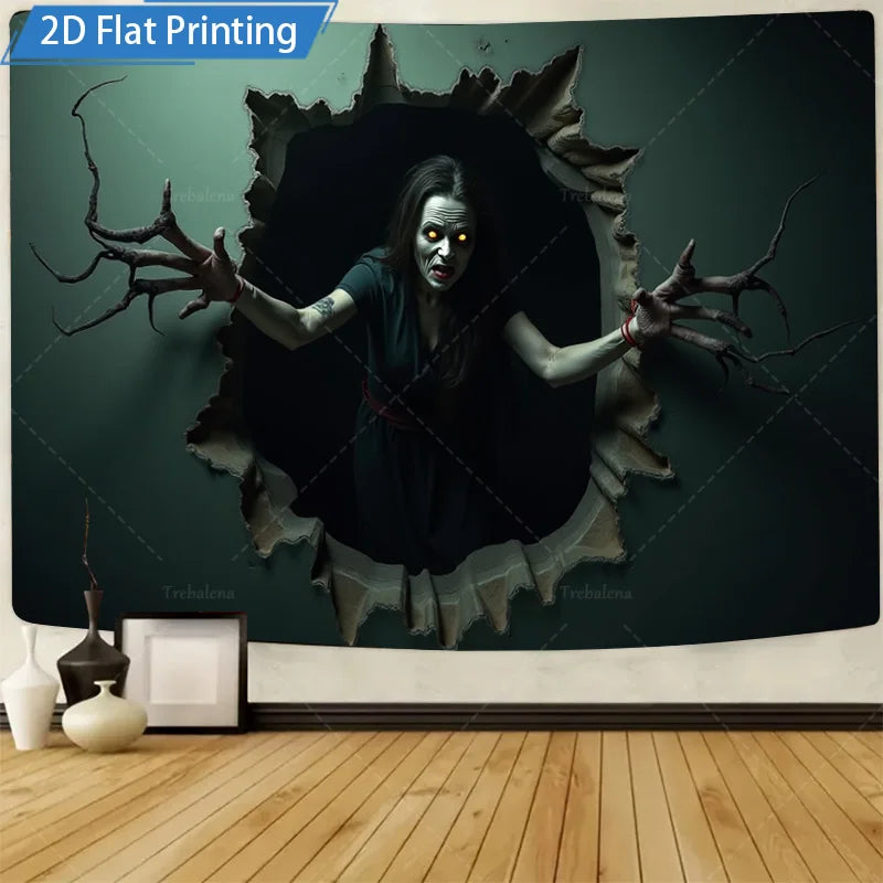 Halloween Wall Tapestry – Bat Silhouette with Full Moon & Spooky Pumpkins, Gothic Horror Décor for Home, Bedroom, or Party
