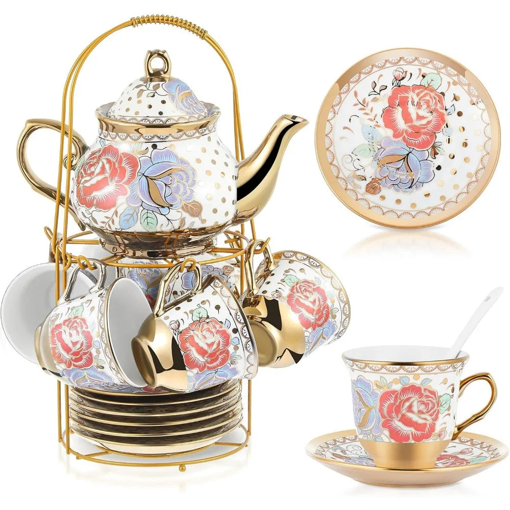 Elegant Ceramic Tea Party Set for Adults – European Floral Teapot, Teacup, Saucer & Spoon Set – Large Fresh Style