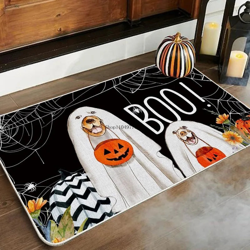 Halloween Dog Doormat – Indoor/Outdoor Fabric Welcome Mat with Ghost, Pumpkin & Spider Web Design – Holiday Front Door Decoration