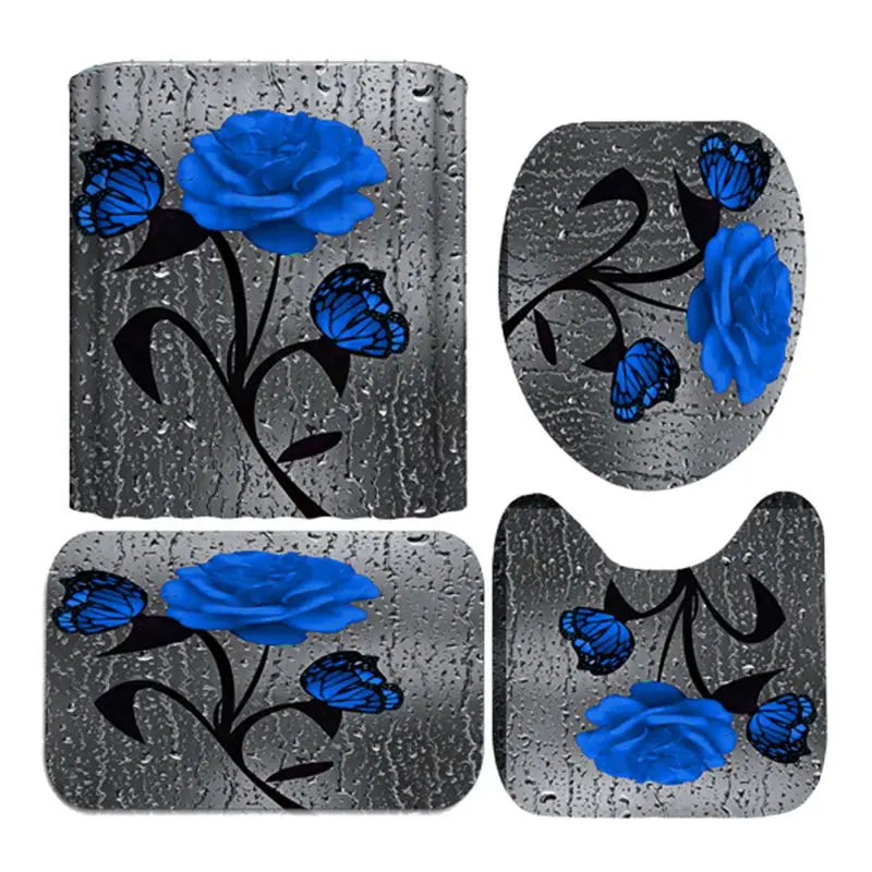 4PCS Bathroom Shower Curtain Set with Non-Slip Rugs, Toilet Seat Cover, Bath Mat & Doormat – Waterproof & Durable Bathroom Home Decor
