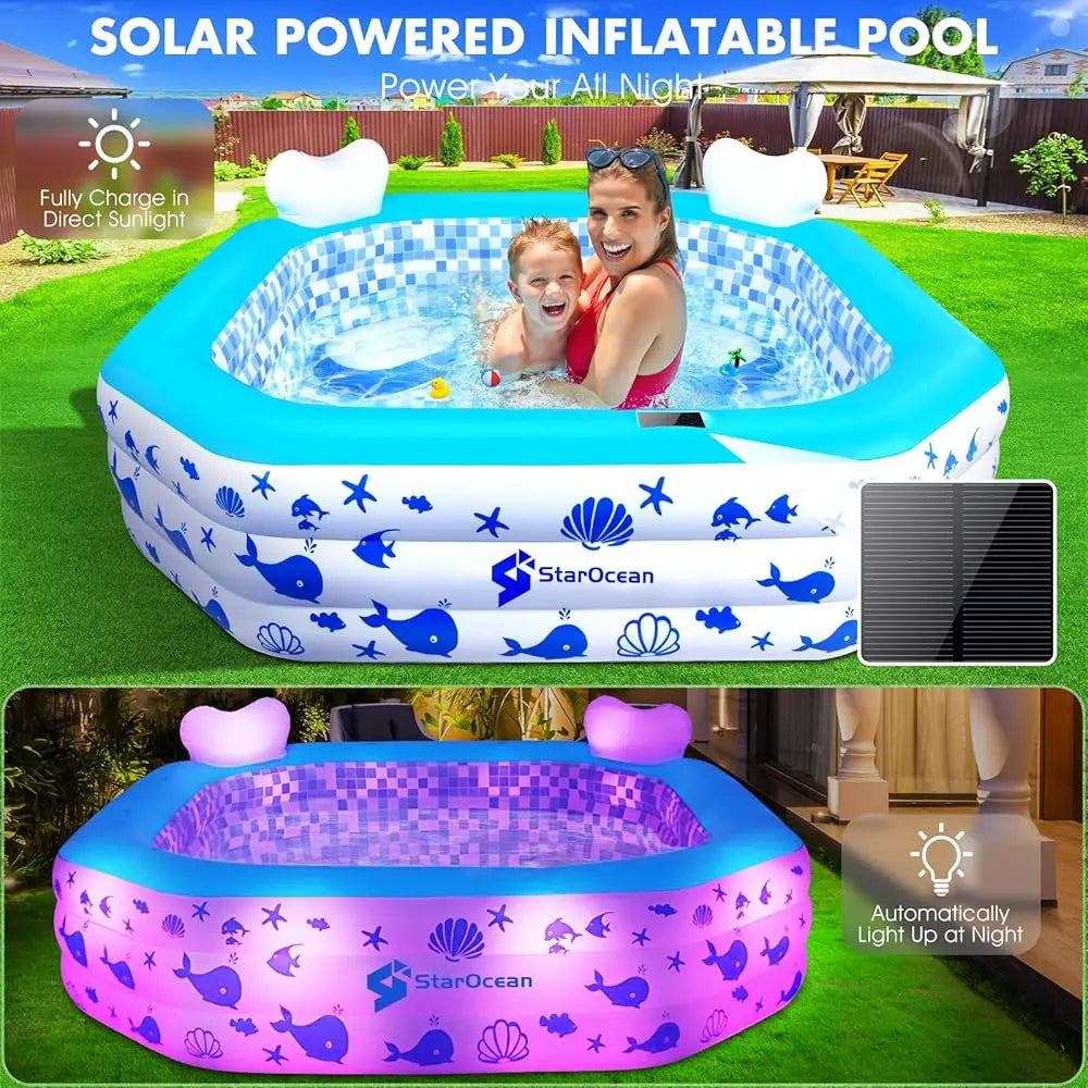 Inflatable Solar-Powered Swimming Pool with LED Lights & Remote Control – Large Blow-Up Pool for Kids & Adults