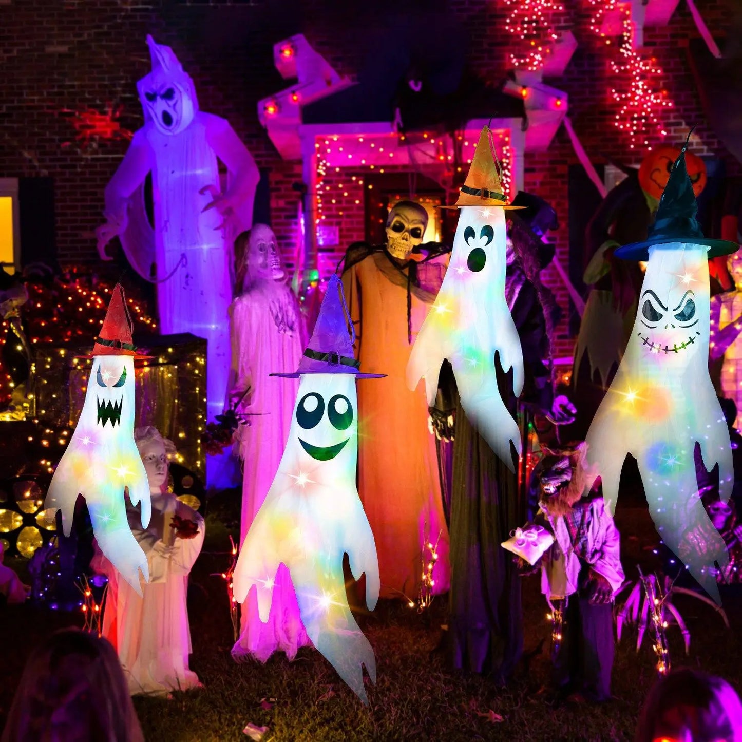 4PCS Halloween Ghost Windsocks with Witch Hats – Hanging LED Lighted Outdoor Decorations for Yard, Trees, and Porch