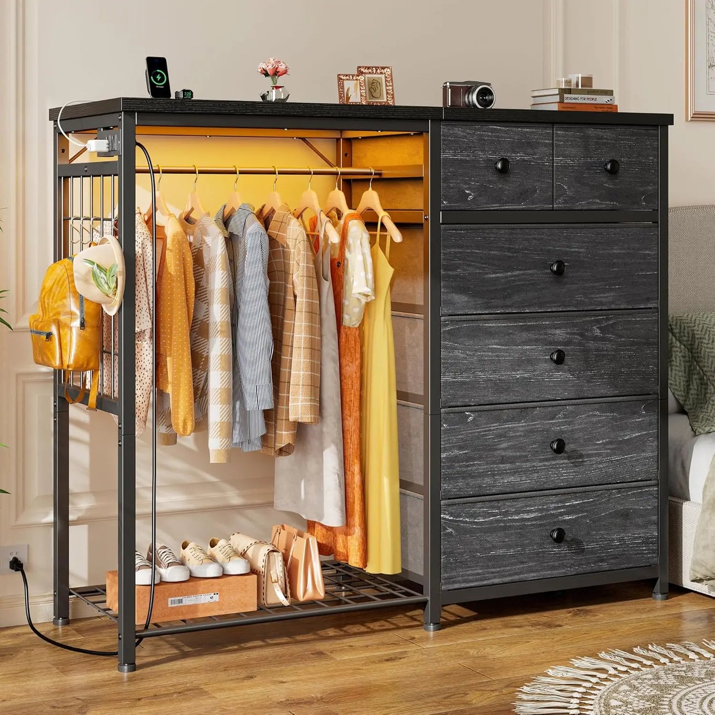 49.2" W White 6 Drawer Dresser for Bedroom with Hanging Rack with LED Lights