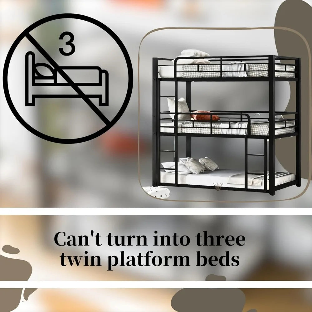 Twin Metal Triple Bunk Bed – Modern Heavy-Duty Space-Saving Bed Frame for 3 Kids, Black Finish
