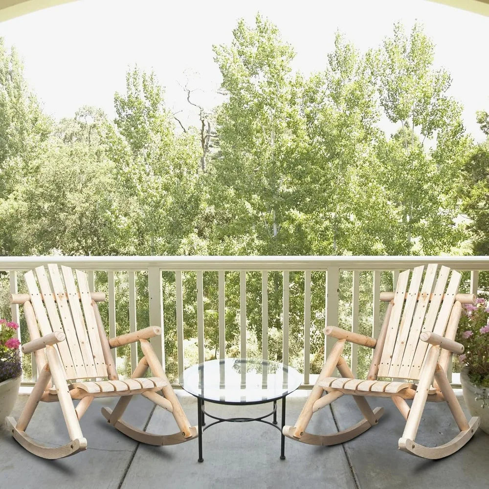 Wooden Rocking Chair Set of 2 – Fir Log Adirondack Rockers, Outdoor Wood Lounge Chairs for Garden, Patio & Backyard