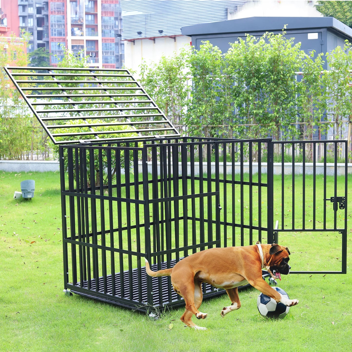 Heavy Duty Dog Crate with Wheels – L/XL/XXL Metal Pet Kennel with 3 Doors & Removable Tray
