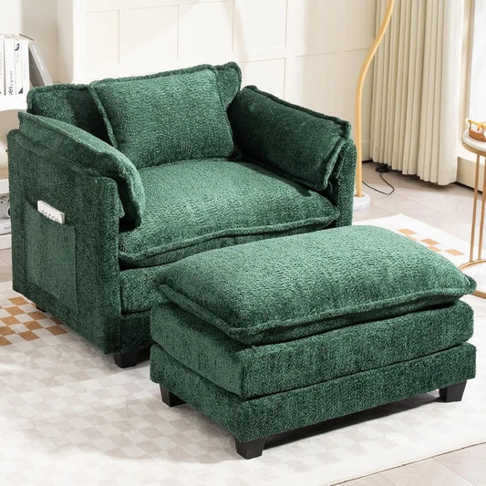 Oversized Boucle Accent Chair with Storage Ottoman – Cozy Double Cushion Reading Armchair, Deep Seating Lounge Chair for Living Room, Bedroom, or Apartment