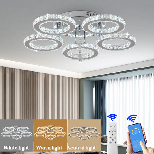 Crystal LED Ceiling Lamp – Modern Chandelier with Remote Control, Adjustable Brightness & Color, Surface-Mounted Pendant Light for Indoor Décor