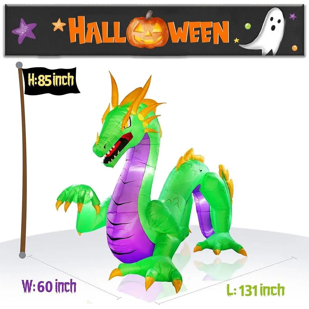 Giant 11FT Green Halloween Inflatable Dragon with LED Lights – Outdoor Blow Up Yard Decoration with Stakes & Ropes, Waterproof Polyester