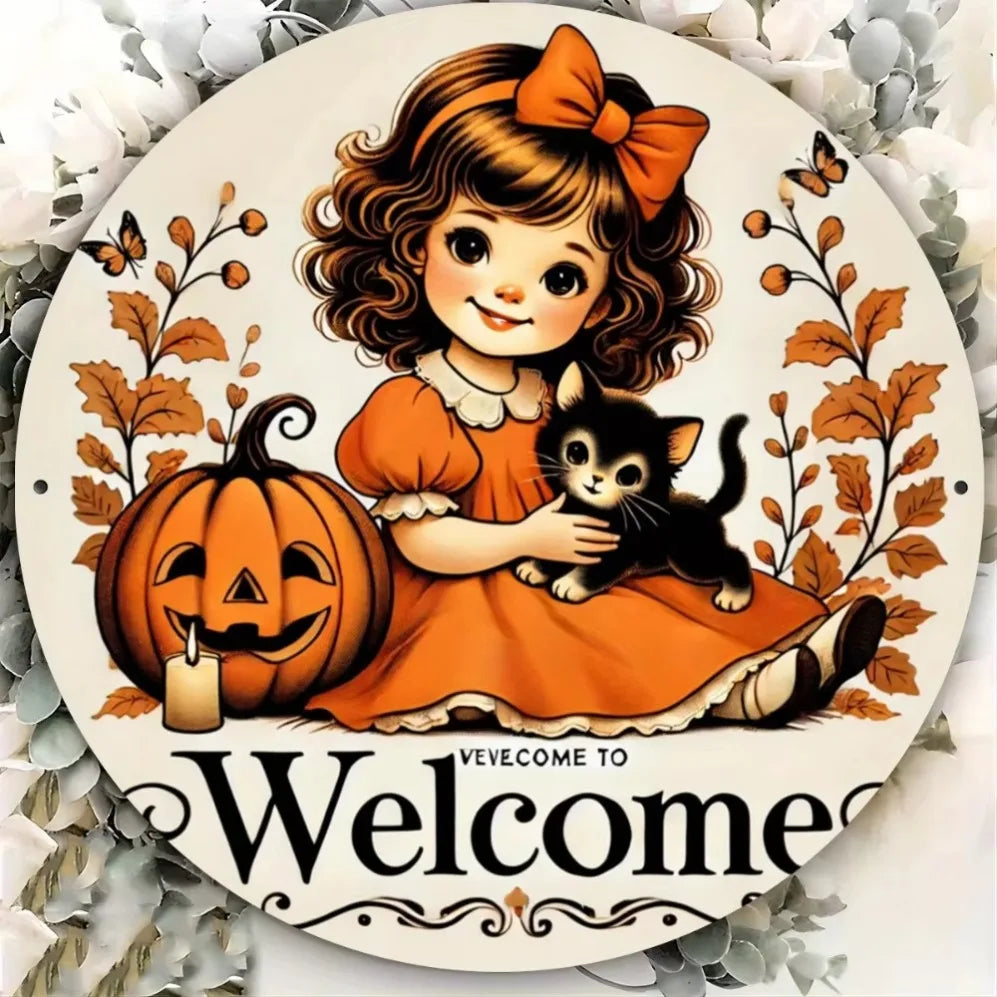 “Charming Black Girl & Autumn Kitty” 8x8" Iron Metal Wall Art – Decorative Plate for Bars, Cafés, Clubs & Home Décor
