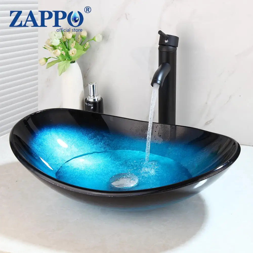 ZAPPO Blue Tempered Glass Bathroom Vessel Sink with Waterfall Black Faucet – Oval Above-Counter Basin Set
