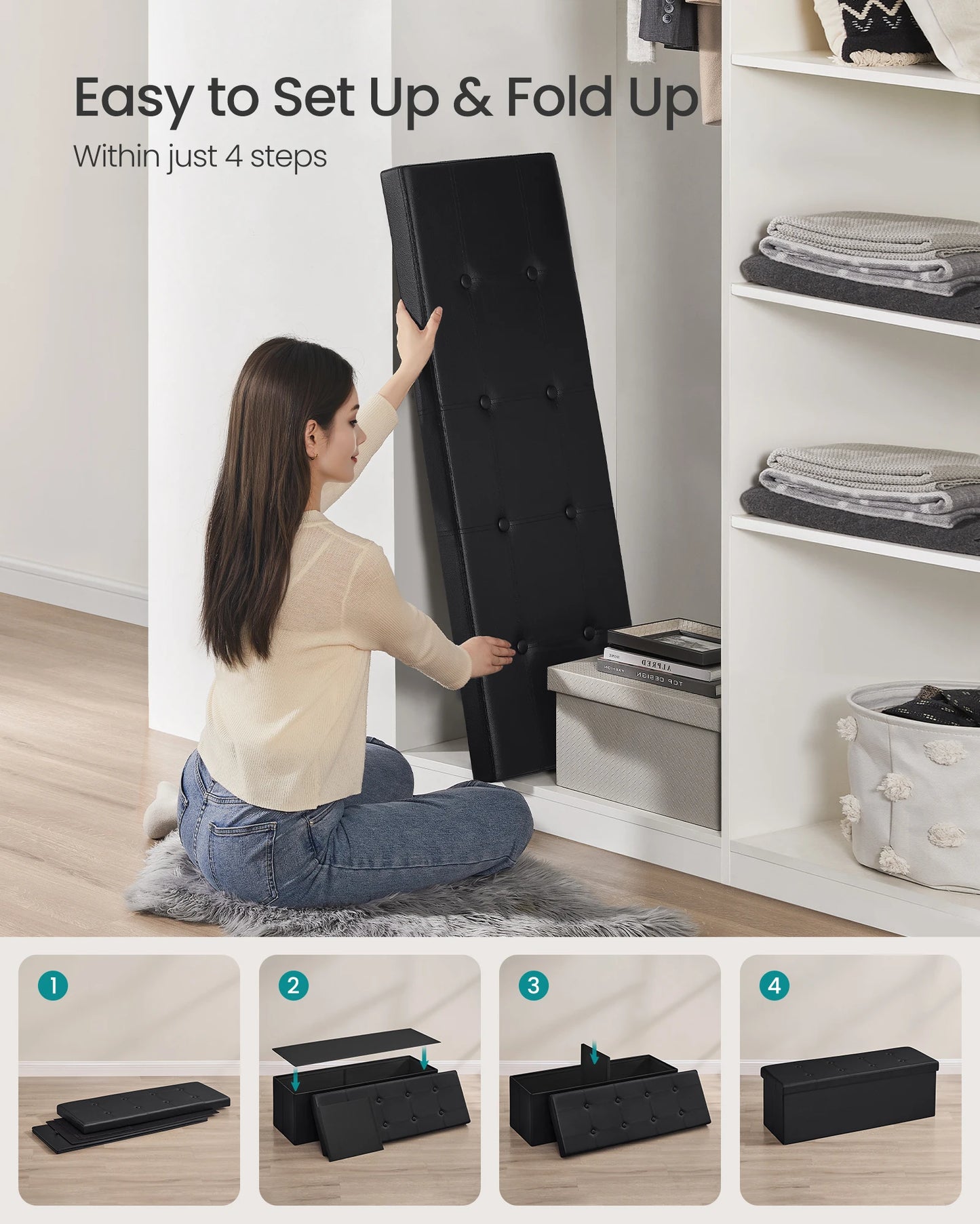 SONGMICS 43” Folding Storage Ottoman Bench – Versatile Storage Chest, Footrest & Coffee Table