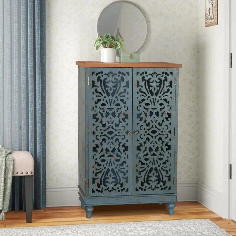 VILLA Tall Farmhouse Accent Cabinet with Hollow Carved Double Doors – Rustic Credenza for Living Room, Entryway, or Dining Storage
