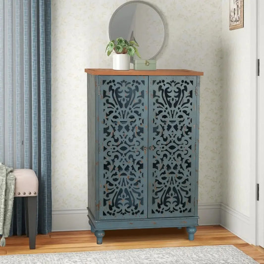 VILLA Tall Farmhouse Accent Cabinet with Hollow Carved Double Doors – Rustic Credenza for Living Room, Entryway, or Dining Storage