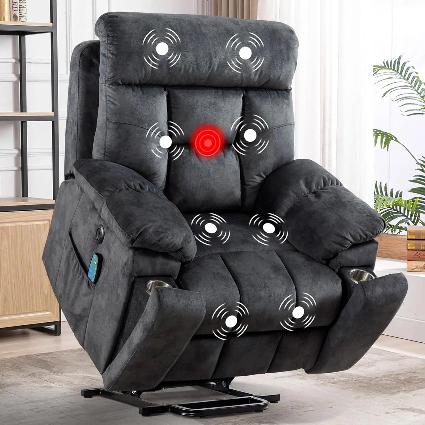 Overstuffed Wide Electric Power Lift Recliners with Massage and Heat, 2 Cup Holders, Side Pocket and USB Port