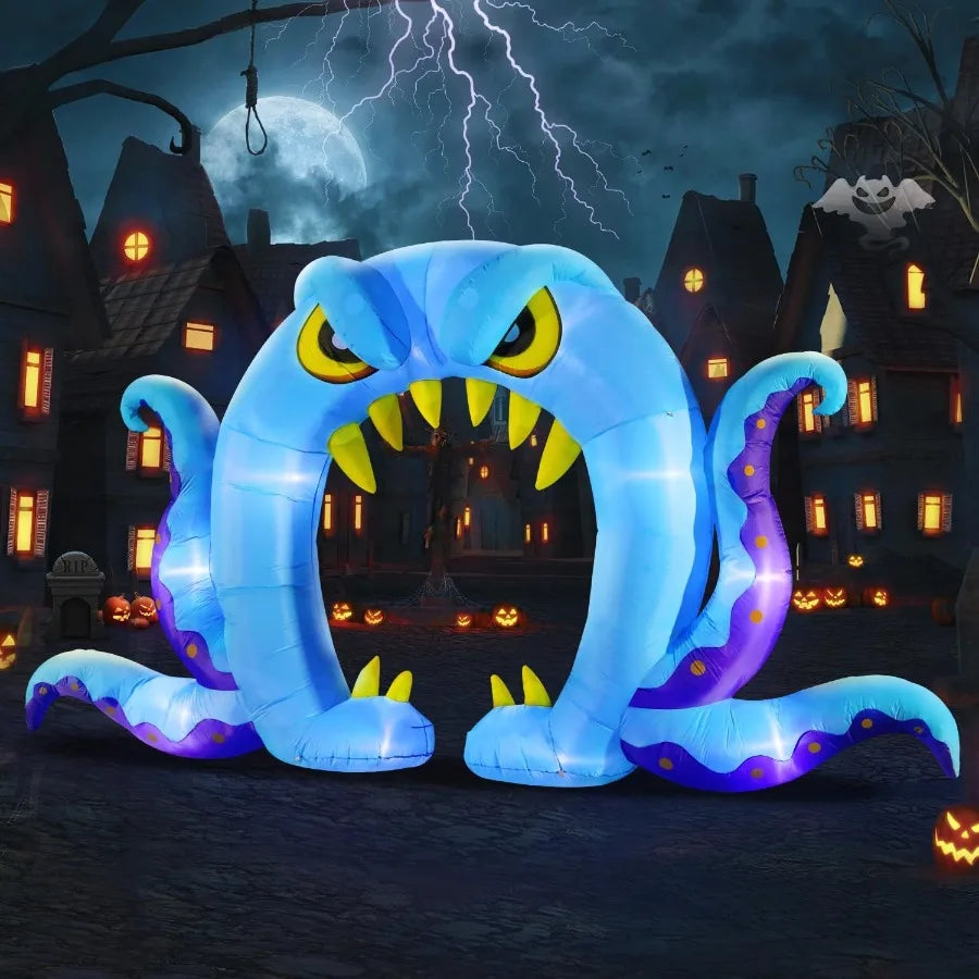16FT Long x 8FT Tall Halloween Inflatable Blue Monster Octopus Archway – LED Lighted Blow-Up Decoration for Outdoor Holiday Parties, Yard & Garden