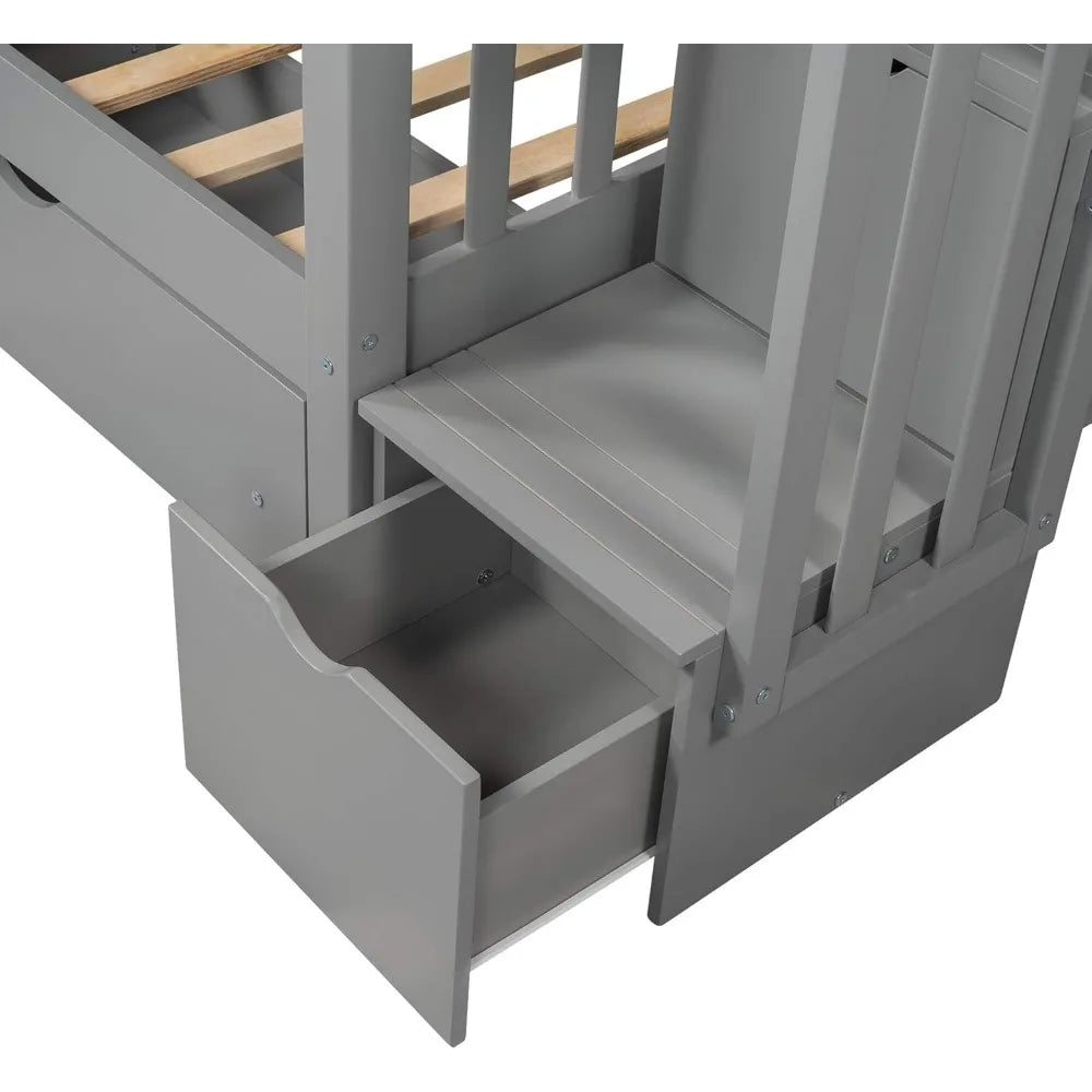 Full Over Full Bunk Bed with Staircase and Storage – Convertible Wood Bunk Bed Frame with Drawers, Shelves, Guardrails, and Solid Pine Construction
