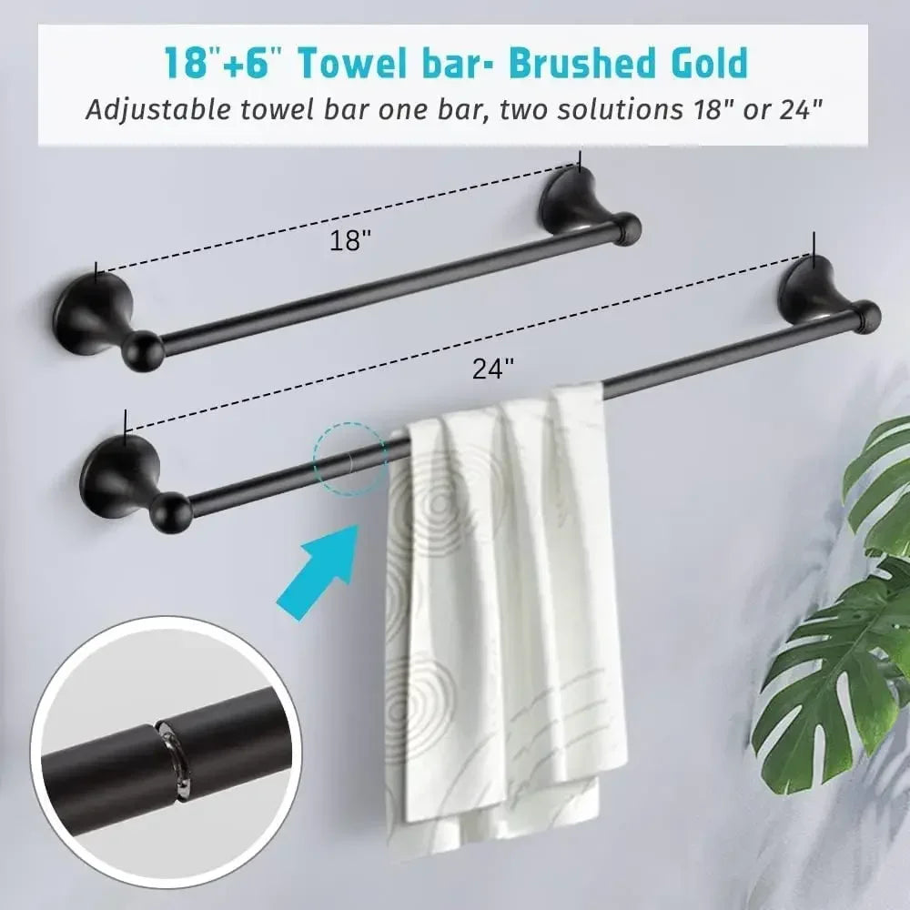 8-Piece Wall Mounted Bathroom Accessory Set – Adjustable Towel Bar, Towel Ring, Toilet Paper Holder, Robe Hooks & More