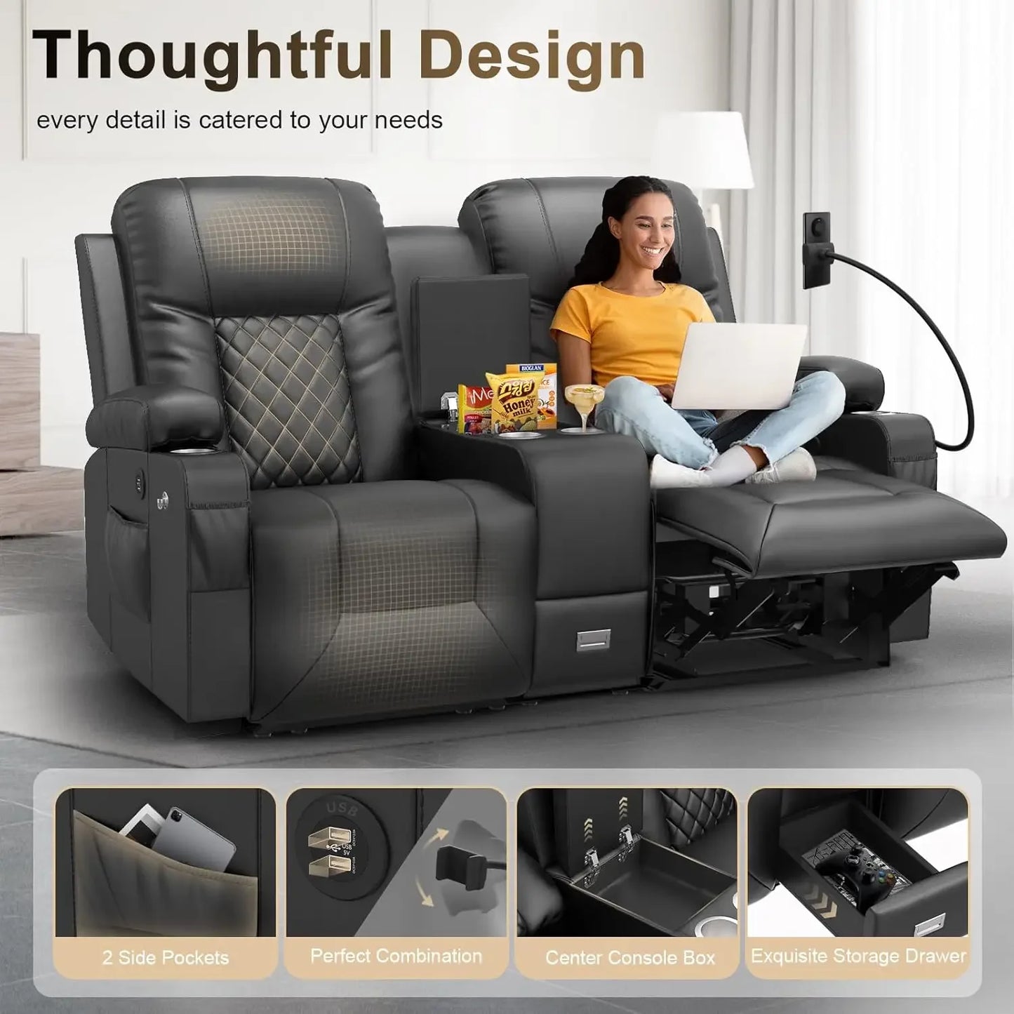 Large Loveseat Recliner Sofa with Storage Console and USB Ports