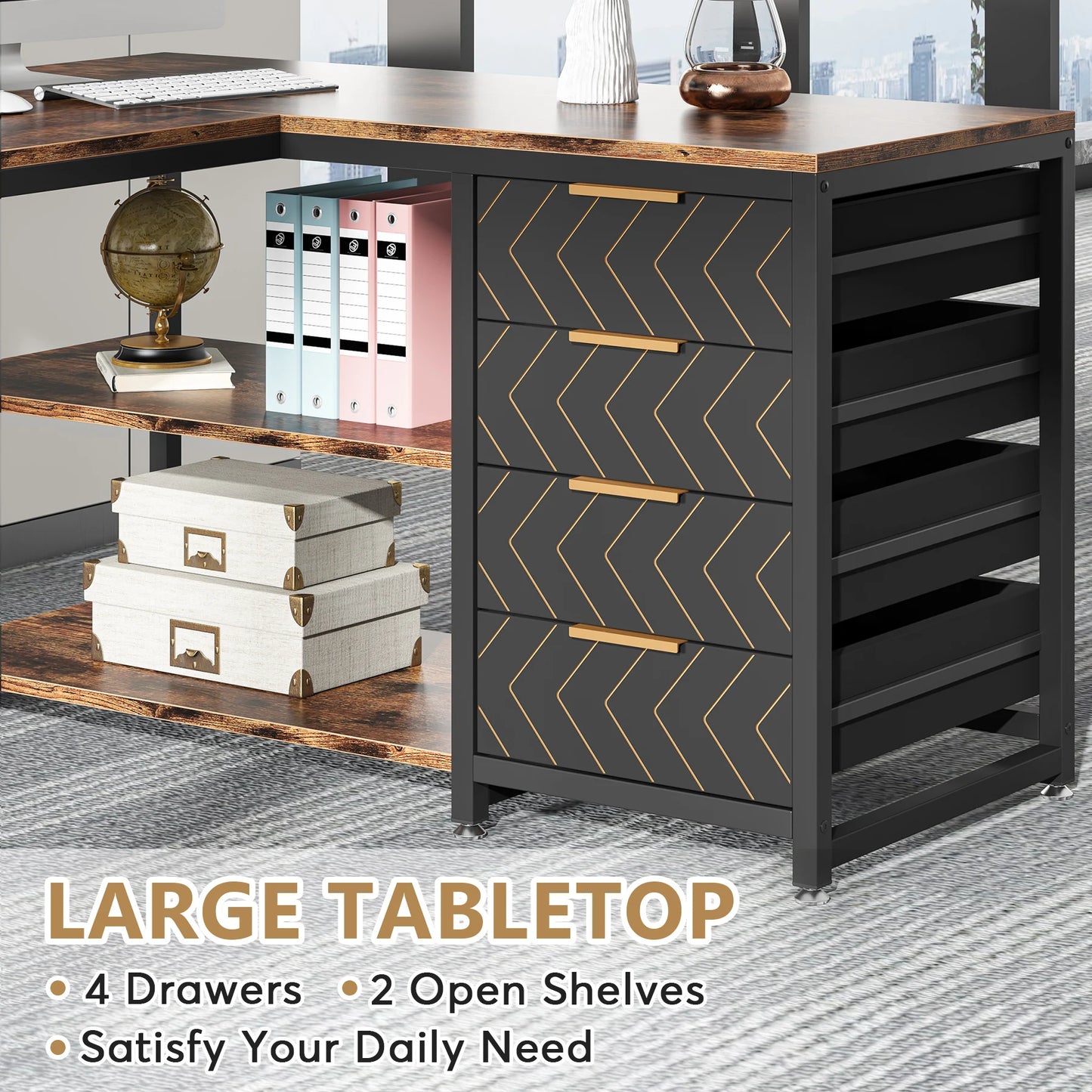 Tribesigns 59" L-Shaped Computer Desk – Reversible Corner Desk with Storage Drawers & Shelves