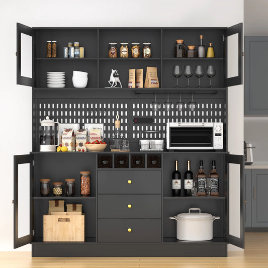Pantry Cabinet – Freestanding Kitchen Storage Buffet Hutch with Pegboard, Cup Holder & Power Outlet, Black
