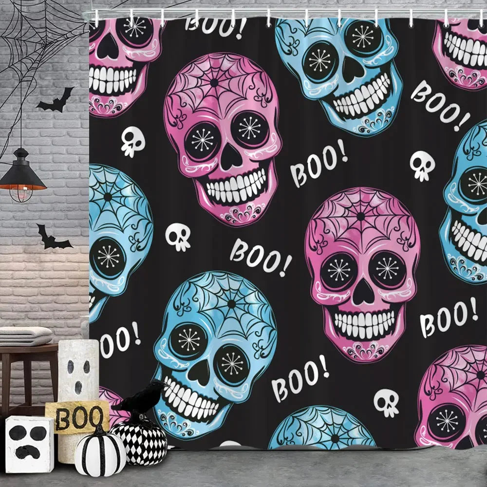 🦇 Spooky Halloween Skeleton & Crow Shower Curtain – Gothic Black Cat & Bat Design with Hooks