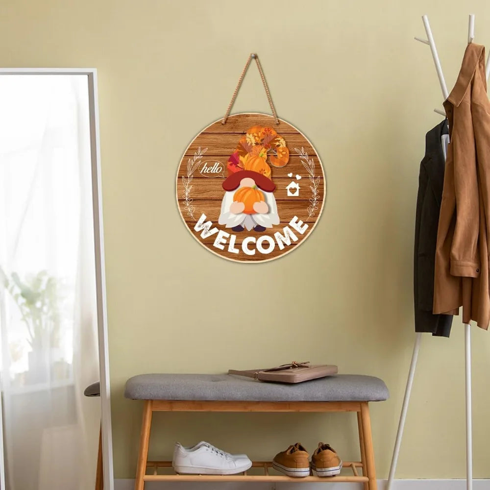 Interchangeable Gnome Welcome Sign – Seasonal Wooden Door Decoration with Changeable Holiday Gnomes for Front Porch, Wall & Home Décor