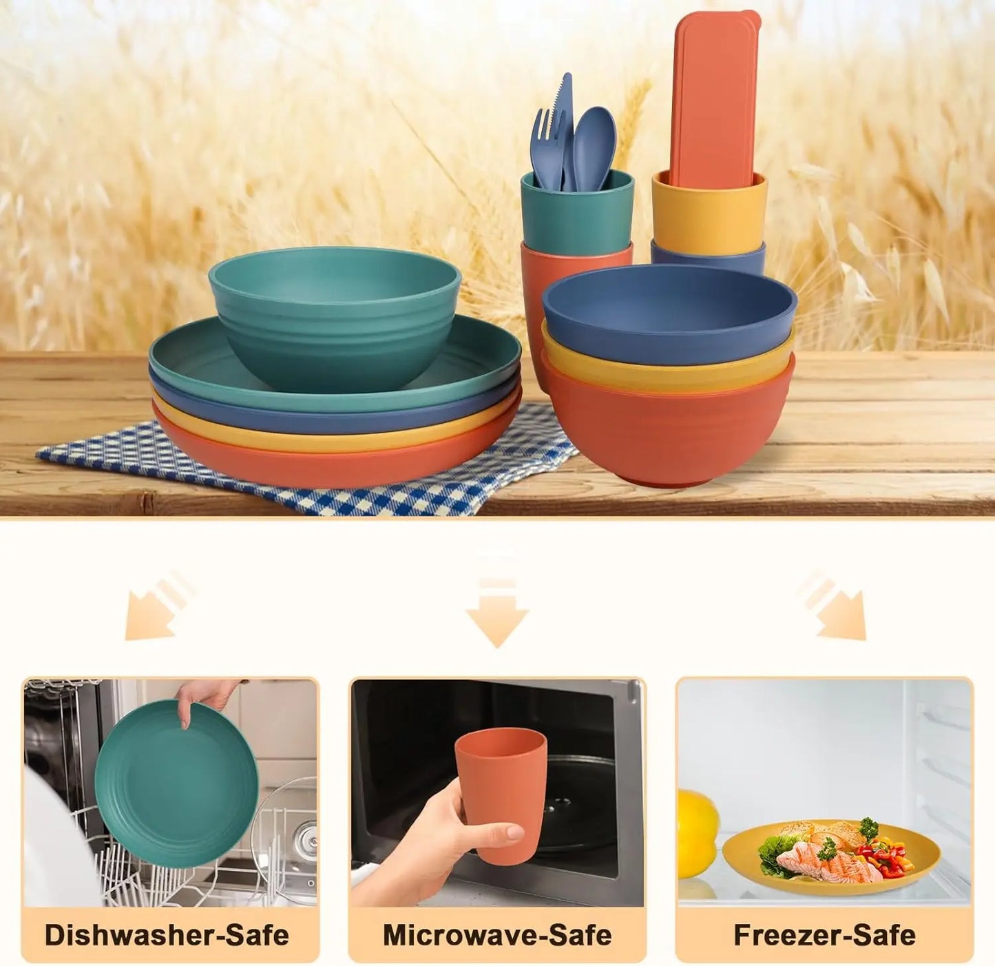 28-Piece Unbreakable Wheat Straw Microwavable,  Dishwasher Safe,  Dinnerware Set for 4