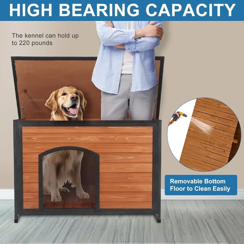 Dog House Outdoor Weatherproof 43.3" L Chew Proof Dog Kennel for Small Medium Large Dogs with Strong Metal Chew Proof Frame