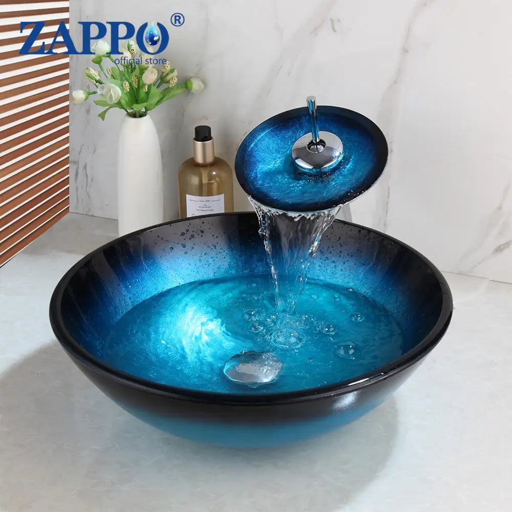 ZAPPO Blue Tempered Glass Bathroom Vessel Sink with Waterfall Black Faucet – Oval Above-Counter Basin Set