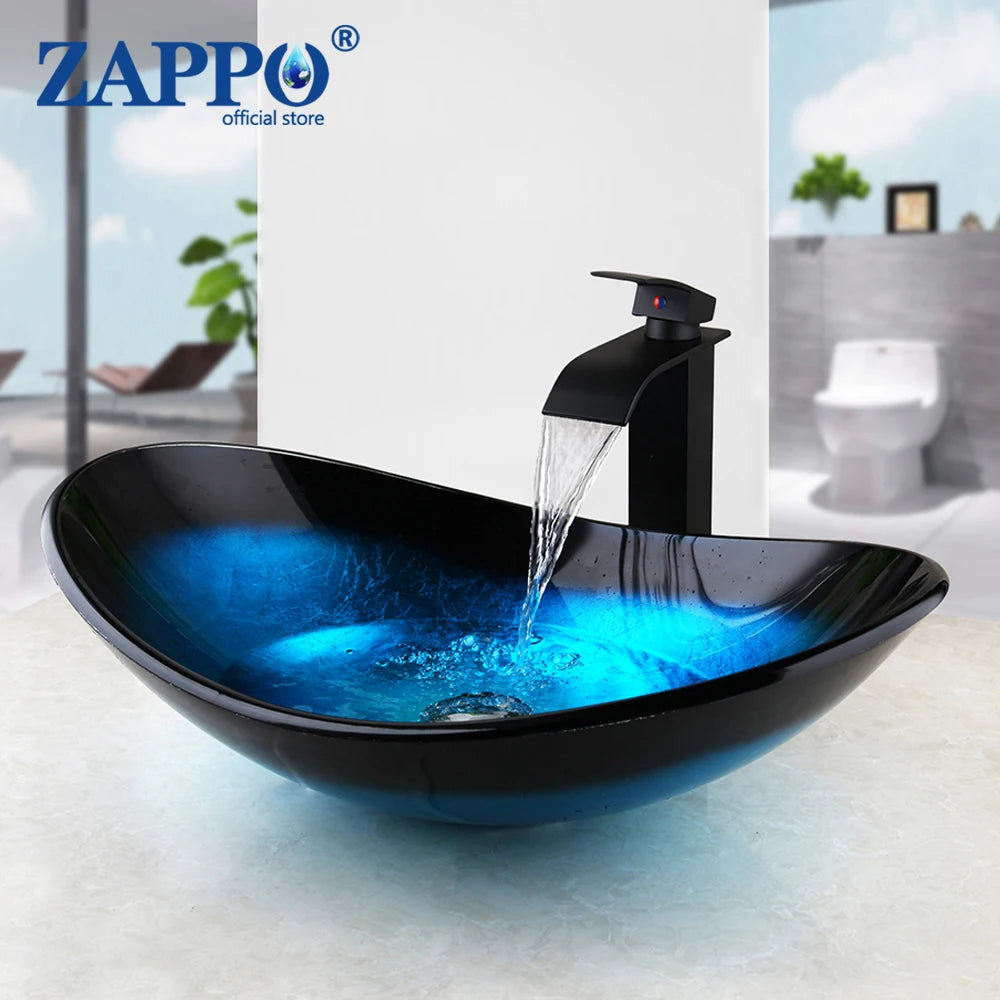 ZAPPO Blue Tempered Glass Bathroom Vessel Sink with Waterfall Black Faucet – Oval Above-Counter Basin Set