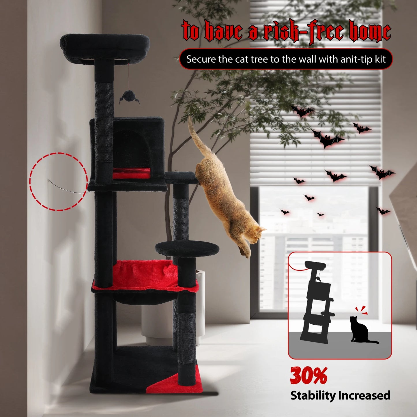 Gothic Elegance Cat Tree Tower – Tall Indoor Cat Condo with Super Large Hammock, Sisal Scratching Posts & Cozy Top Perch