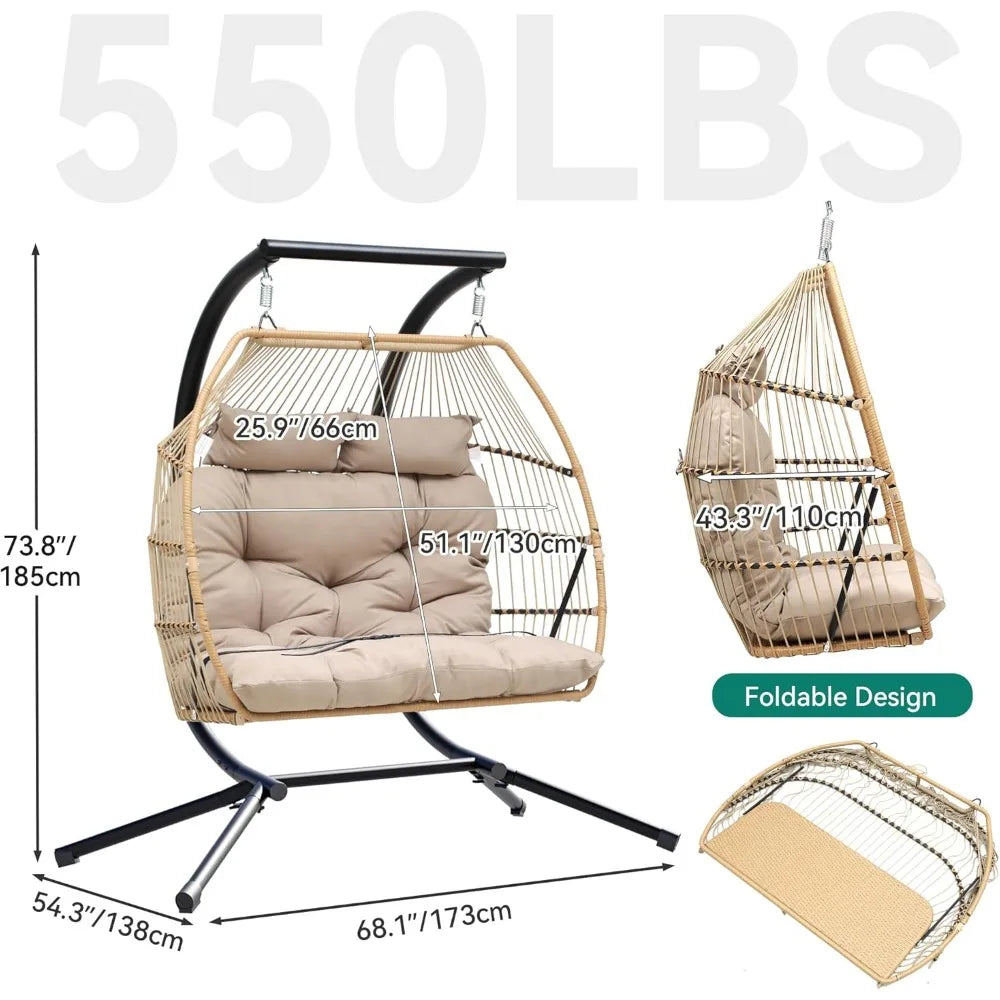 2-Person Hanging Egg Swing Chair with Stand – Wicker Hammock Chair with Cushions, 550lbs Capacity for Indoor/Outdoor Use – Patio, Garden, Bedroom Lounge