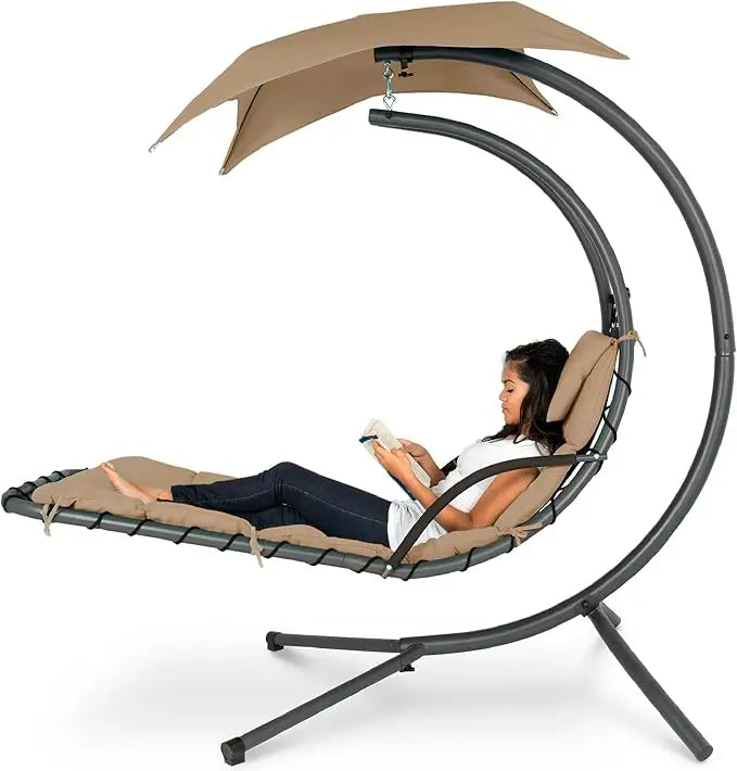Outdoor Hanging Curved Steel Chaise Lounge Chair Swing w/Built-in Pillow and Removable Canopy