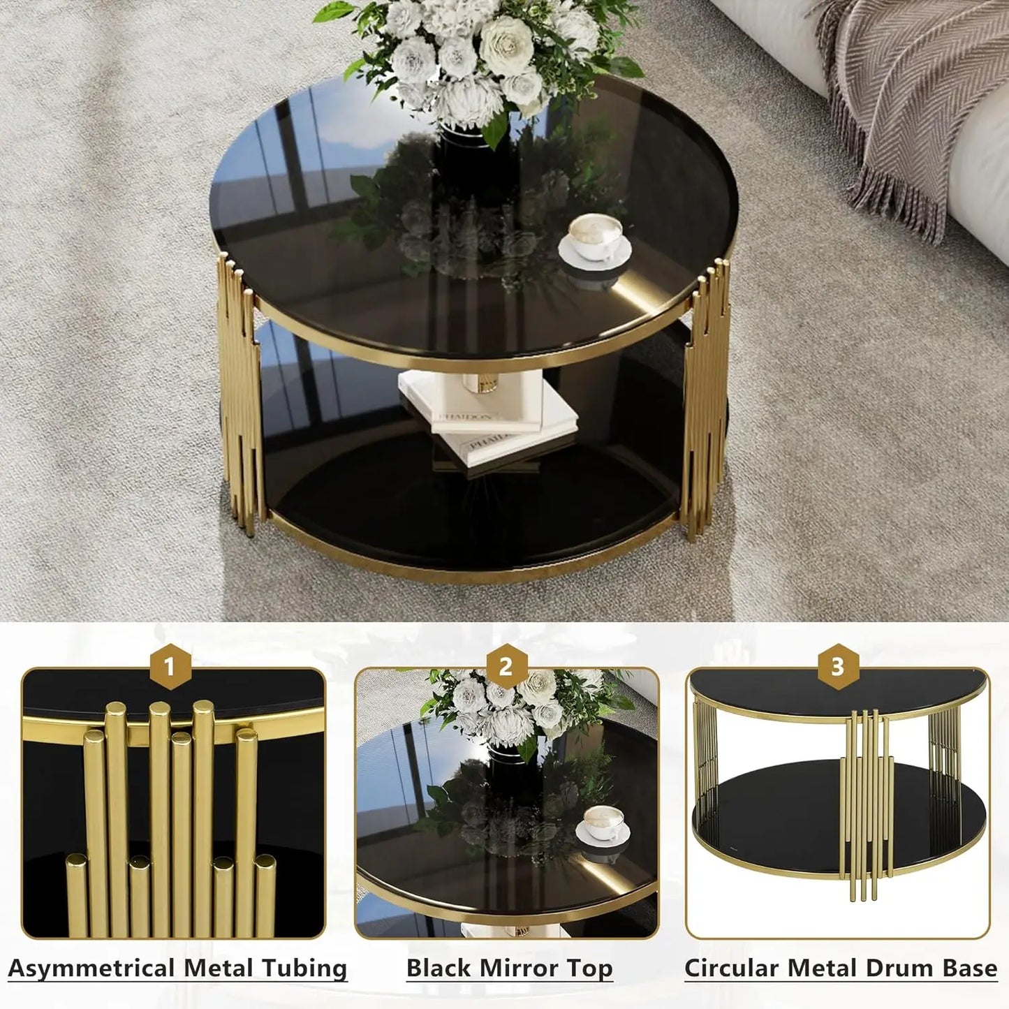 Black Round Modern Gold Glass Coffee Table
