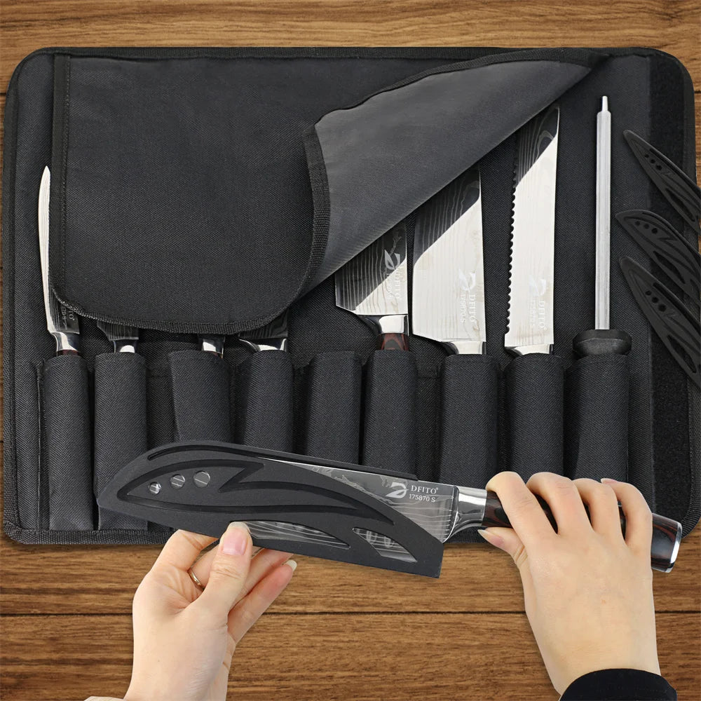 8-Piece Kitchen Knife Set – Damascus Stainless Steel Chef, Utility, Paring, Boning, Cleaver, Slicing & Santoku Knives with Nylon Bag